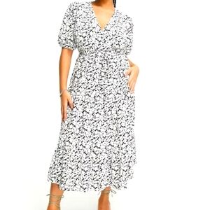 NWT Glamorous Curve short sleeve tie waist wrap maxi dress in black white ditsy
